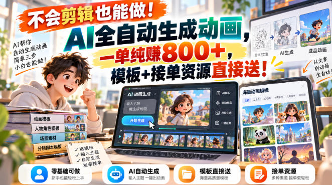 不会剪辑也能做!AI全自动生成动画,一单纯賺800+,模板+接单资源直接送!【揭秘】 不会剪辑也能做!AI全自动生成动画,一单纯賺800+,模板+接单资源直接送!【揭秘】