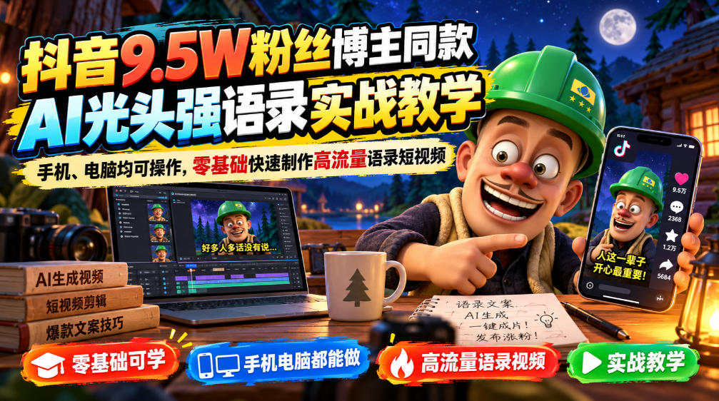 抖音9.5W粉丝博主同款AI光头强语录实战教学,手机、电脑均可操作,零基础快速制作高流量语录短视频 抖音9.5W粉丝博主同款AI光头强语录实战教学,手机、电脑均可操作,零基础快速制作高流量语录短视频