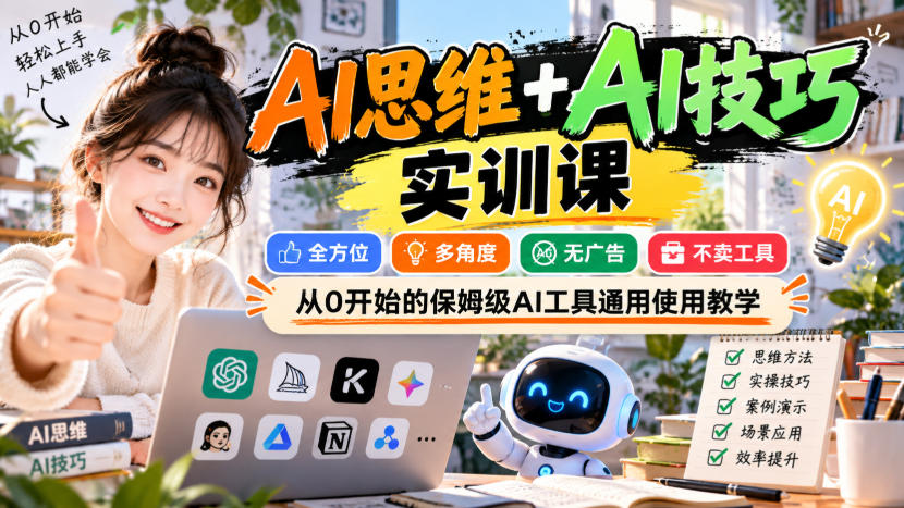 AI思维+AI技巧实训课，全方位、多角度、无广告、不卖工具，从0开始的保姆级AI工具通用使用教学