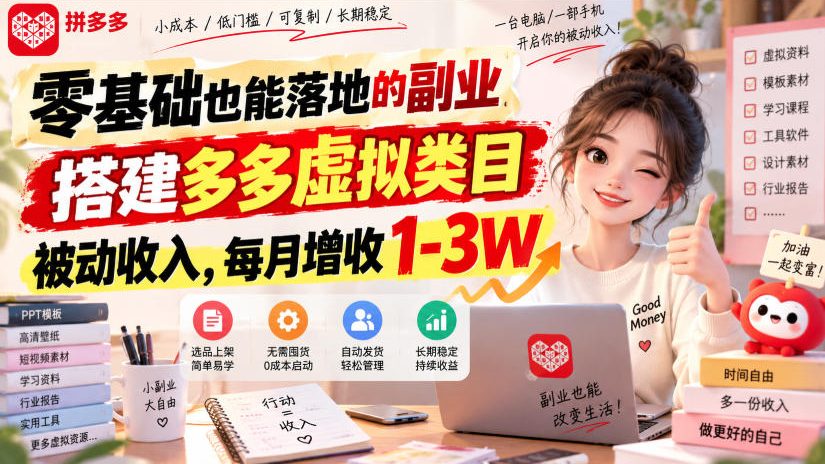 零基础也能落地的副业,搭建多多虚拟类目被动收入,每月增收1-3W【揭秘】 零基础也能落地的副业,搭建多多虚拟类目被动收入,每月增收1-3W【揭秘】