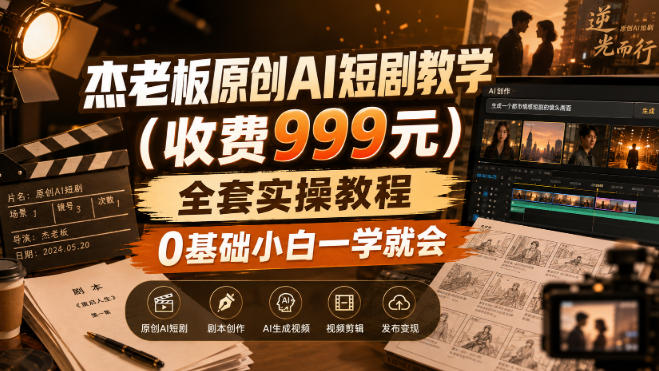 杰老板原创AI短剧教学（收费999元），全套实操教程，0基础小白一学就会，非搬运技术