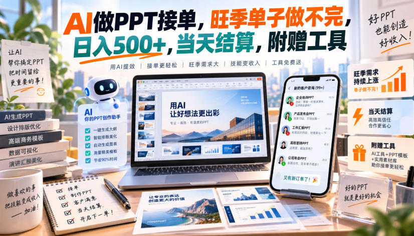 AI做PPT接单,旺季单子做不完,日入500+,当天结算,附赠工具【揭秘】 AI做PPT接单,旺季单子做不完,日入500+,当天结算,附赠工具【揭秘】