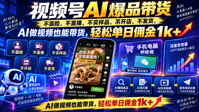 视频号Ai爆品带货,不露脸、不直播、不买样品、不开店、不发货,AI做视频也能带货,轻松单日佣金1k+ 视频号Ai爆品带货,不露脸、不直播、不买样品、不开店、不发货,AI做视频也能带货,轻松单日佣金1k+