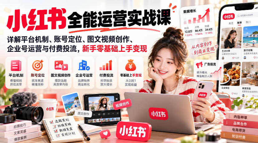 小红书全能运营实战课,详解平台机制、账号定位、图文视频创作、企业号运营与付费投流,新手零基础上手变现 小红书全能运营实战课,详解平台机制、账号定位、图文视频创作、企业号运营与付费投流,新手零基础上手变现