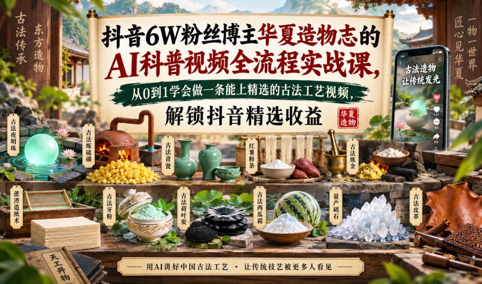抖音6W粉丝博主华夏造物志的AI科普视频全流程实战课,从0到1学会做一条能上精选的古法工艺视频,解锁抖音精选收益 抖音6W粉丝博主华夏造物志的AI科普视频全流程实战课,从0到1学会做一条能上精选的古法工艺视频,解锁抖音精选收益