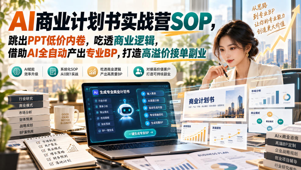 【无水印】AI商业计划书实战营SOP,跳出PPT低价内卷,吃透商业逻辑,借助AI全自动产出专业BP,打造高溢价接单副业 【无水印】AI商业计划书实战营SOP,跳出PPT低价内卷,吃透商业逻辑,借助AI全自动产出专业BP,打造高溢价接单副业