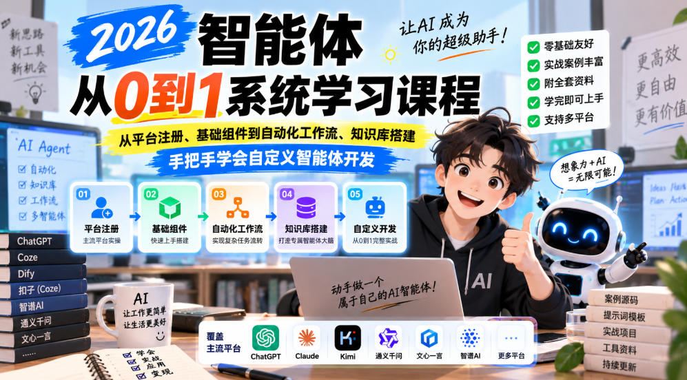 2026智能体从0到1系统学习课程,从平台注册、基础组件到自动化工作流、知识库搭建,手把手学会自定义智能体开发 2026智能体从0到1系统学习课程,从平台注册、基础组件到自动化工作流、知识库搭建,手把手学会自定义智能体开发