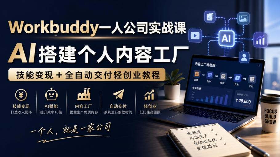Workbuddy一人公司实战课,AI搭建个人内容工厂,技能变现+全自动交付轻创业教程 Workbuddy一人公司实战课,AI搭建个人内容工厂,技能变现+全自动交付轻创业教程