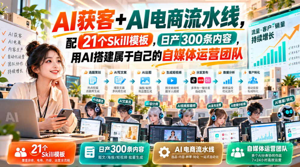 AI获客+AI电商流水线,配21个Skill模板,日产300条内容,用AI搭建属于自己的自媒体运营团队 AI获客+AI电商流水线,配21个Skill模板,日产300条内容,用AI搭建属于自己的自媒体运营团队