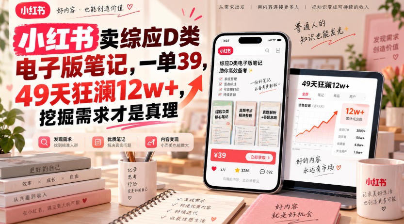 小红书卖综应D类电子版笔记，一单39，49天狂澜12w+，挖掘需求才是真理
