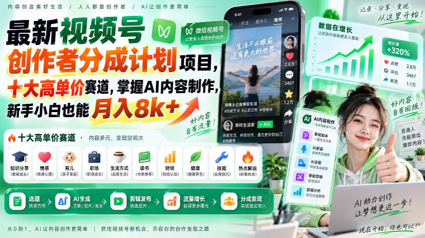 最新视频号创作者分成计划项目,十大高单价赛道,掌握AI内容制作,新手小白也能月入8k+ 最新视频号创作者分成计划项目,十大高单价赛道,掌握AI内容制作,新手小白也能月入8k+