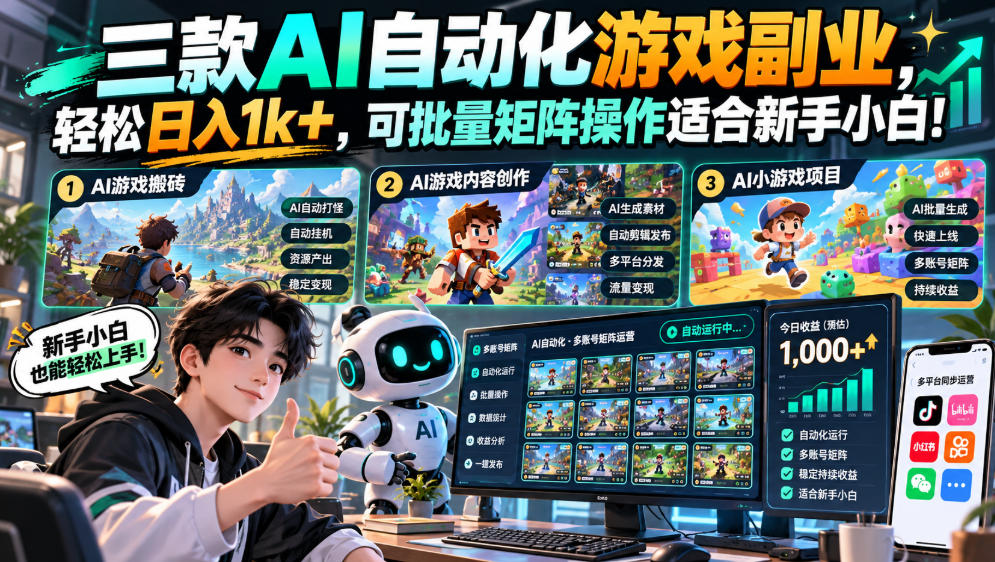 三款AI自动化游戏副业，轻松日入1k+，可批量矩阵操作适合新手小白！【揭秘】