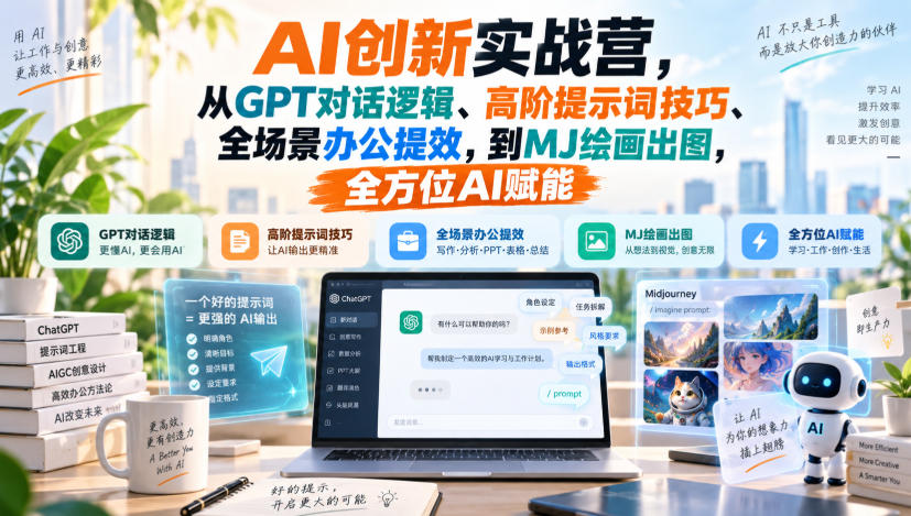 AI创新实战营，从GPT对话逻辑、高阶提示词技巧、全场景办公提效，到MJ绘画出图，全方位AI赋能