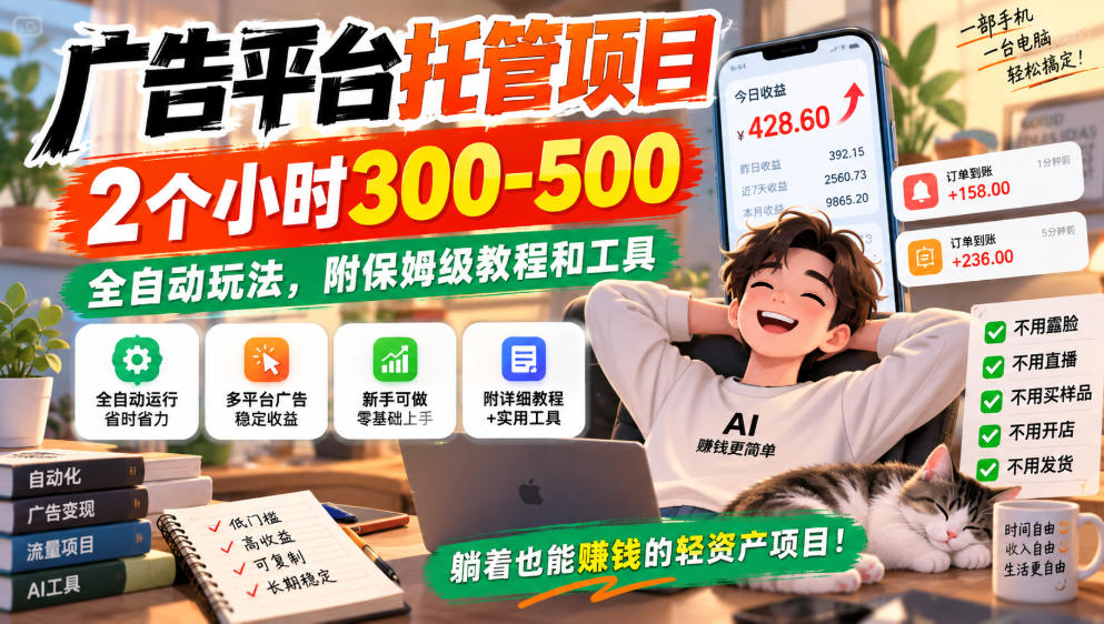 广告平台托管项目,2个小时300-500,全自动玩法,附保姆级教程和工具,小白照着就能做【揭秘】 广告平台托管项目,2个小时300-500,全自动玩法,附保姆级教程和工具,小白照着就能做【揭秘】