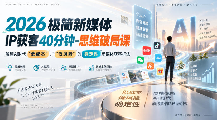 2026极简新媒体IP获客40分钟-思维破局课，解锁Ai时代“低成本”、“低风险”的确定性新媒体获客打法