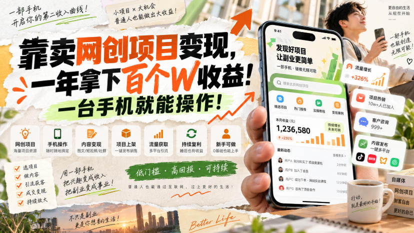 网创小程序虚拟资料变现，一年拿下百万收益，一部手机就可以做，0成本变现副业！