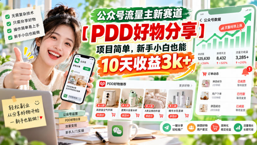 公众号流量主新赛道【PDD好物分享】,项目简单,新手小白也能10天收益3k+ 公众号流量主新赛道【PDD好物分享】,项目简单,新手小白也能10天收益3k+