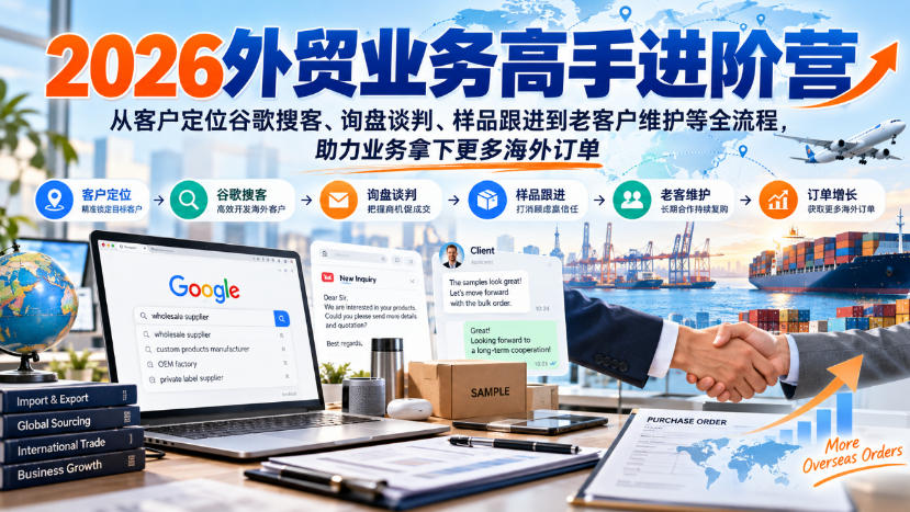 2026外贸业务高手进阶营，从客户定位谷歌搜客、询盘谈判、样品跟进到老客户维护等全流程，助力业务拿下更多海外订单