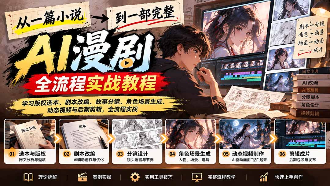 (21262期)从一篇小说到一部完整AI漫剧:学习版权选本、剧本改编、故事分镜、角色场景生成、动态视频与后期剪辑 (21262期)从一篇小说到一部完整AI漫剧:学习版权选本、剧本改编、故事分镜、角色场景生成、动态视频与后期剪辑