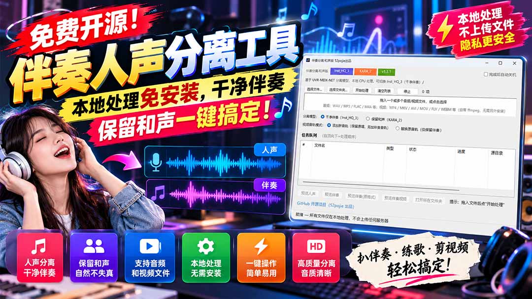 (21198期)免费开源!伴奏人声分离工具,本地处理免安装,干净伴奏,保留和声一键搞定! (21198期)免费开源!伴奏人声分离工具,本地处理免安装,干净伴奏,保留和声一键搞定!