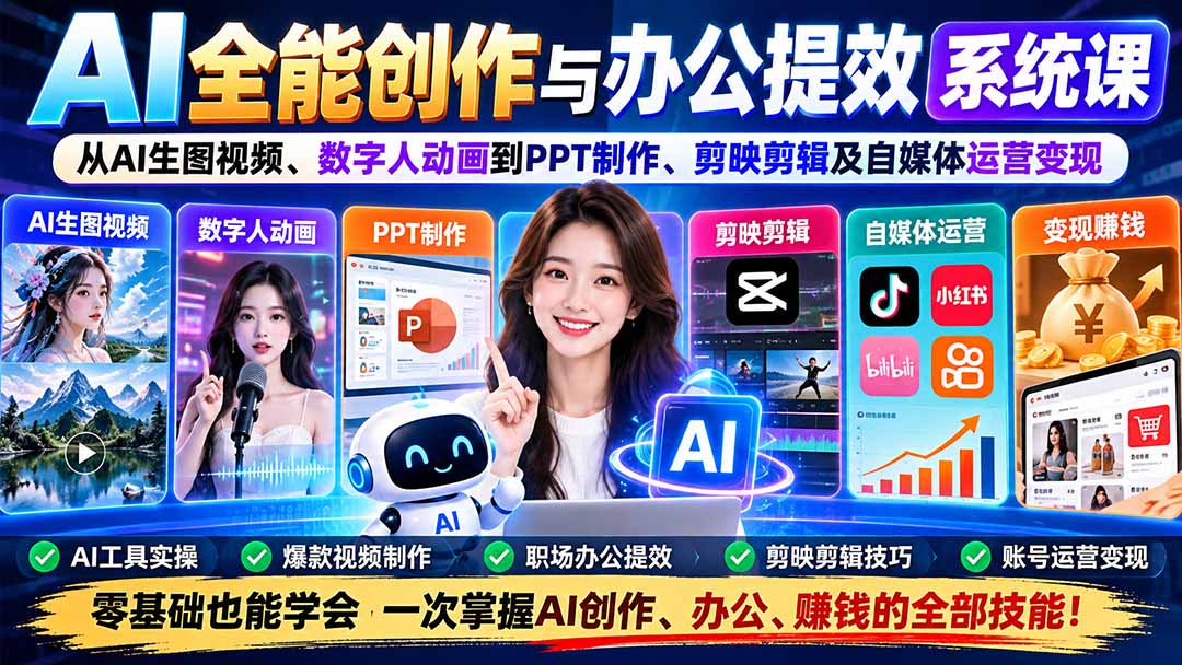 (20885期)AI全能创作与办公提效系统课:从AI生图视频、数字人动画到PPT制作、剪映剪辑及自媒体运营变现 (20885期)AI全能创作与办公提效系统课:从AI生图视频、数字人动画到PPT制作、剪映剪辑及自媒体运营变现