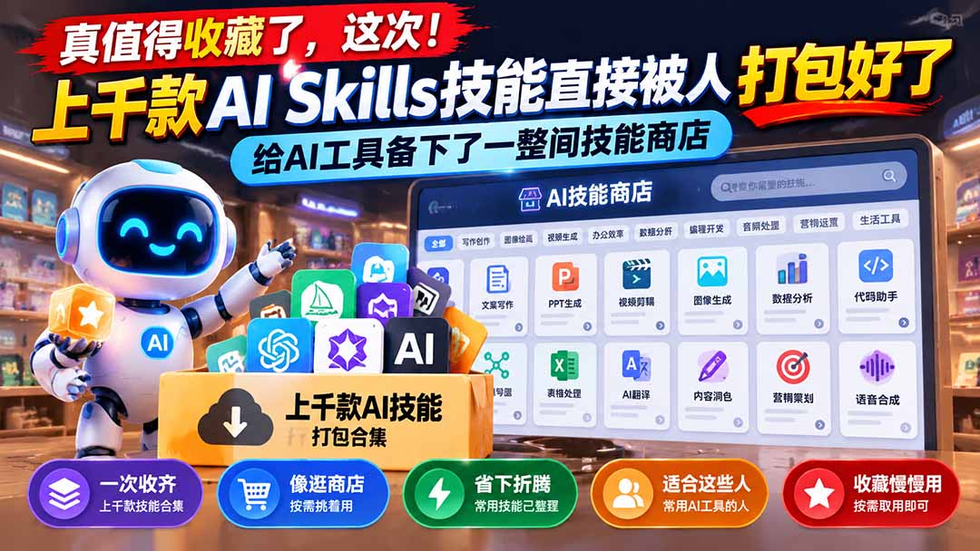 (21096期)真值得收藏了,这次!上千款AI Skills技能直接被人打包好了,给AI工具备下了一整间技能商店 (21096期)真值得收藏了,这次!上千款AI Skills技能直接被人打包好了,给AI工具备下了一整间技能商店