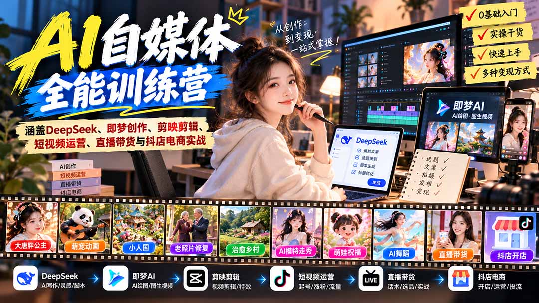 (21201期)【无水印】AI+自媒体全能训练营:涵盖DeepSeek、即梦创作、剪映剪辑、短视频运营、直播带货与抖店电商实战 (21201期)【无水印】AI+自媒体全能训练营:涵盖DeepSeek、即梦创作、剪映剪辑、短视频运营、直播带货与抖店电商实战