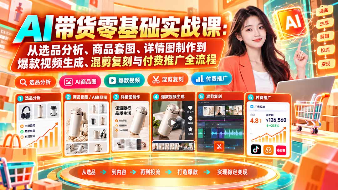 (20856期)AI带货零基础实战课:从选品分析、商品套图、详情图制作到爆款视频生成、混剪复刻与付费推广全流程 (20856期)AI带货零基础实战课:从选品分析、商品套图、详情图制作到爆款视频生成、混剪复刻与付费推广全流程