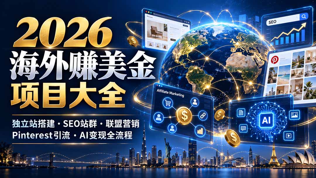(21200期)2026海外赚美金项目大全:独立站搭建、SEO站群、联盟营销、Pinterest引流与AI变现全流程 (21200期)2026海外赚美金项目大全:独立站搭建、SEO站群、联盟营销、Pinterest引流与AI变现全流程