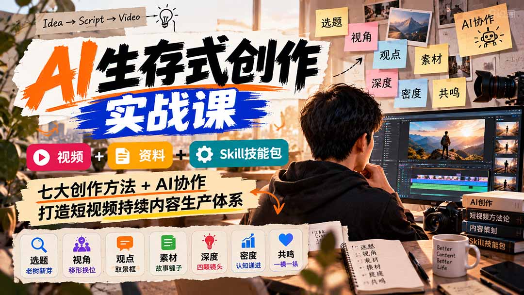 (21081期)AI生存式创作实战课:视频+资料+Skill技能包,七大创作方法+AI协作,打造短视频持续内容生产体系 (21081期)AI生存式创作实战课:视频+资料+Skill技能包,七大创作方法+AI协作,打造短视频持续内容生产体系
