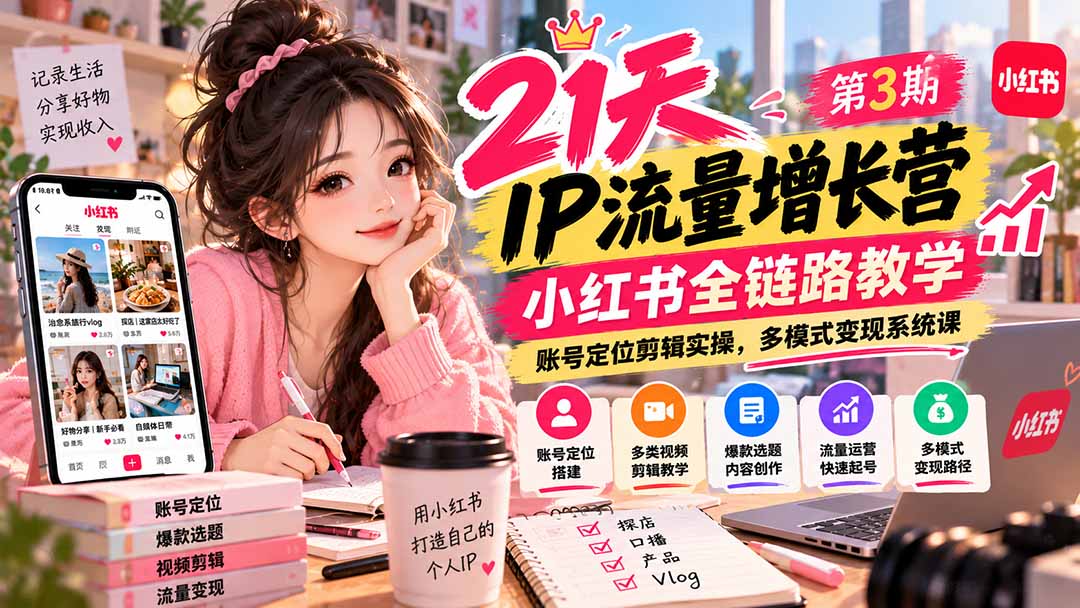 (20992期)【无水印】21天IP流量增长营-第3期,小红书全链路教学,账号定位剪辑实操,多模式变现系统课 (20992期)【无水印】21天IP流量增长营-第3期,小红书全链路教学,账号定位剪辑实操,多模式变现系统课