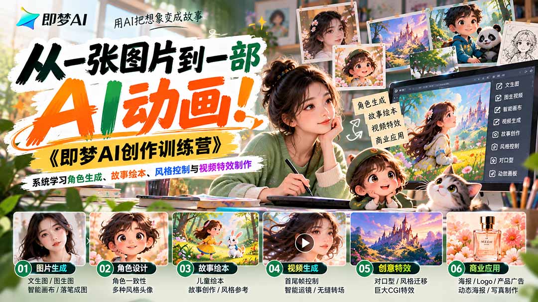 (21160期)【无水印】从一张图片到一部AI动画!《即梦AI创作训练营》系统学习角色生成、故事绘本、风格控制与视频特效制作 (21160期)【无水印】从一张图片到一部AI动画!《即梦AI创作训练营》系统学习角色生成、故事绘本、风格控制与视频特效制作