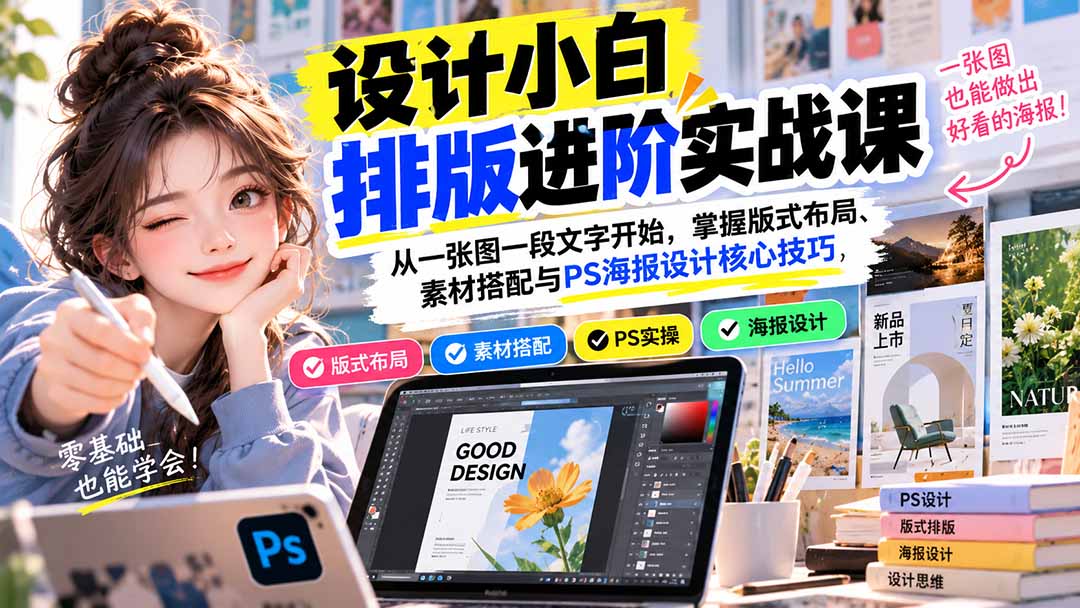 （20838期）设计小白排版进阶实战课：从一张图一段文字开始，掌握版式布局、素材搭配与PS海报设计核心技巧