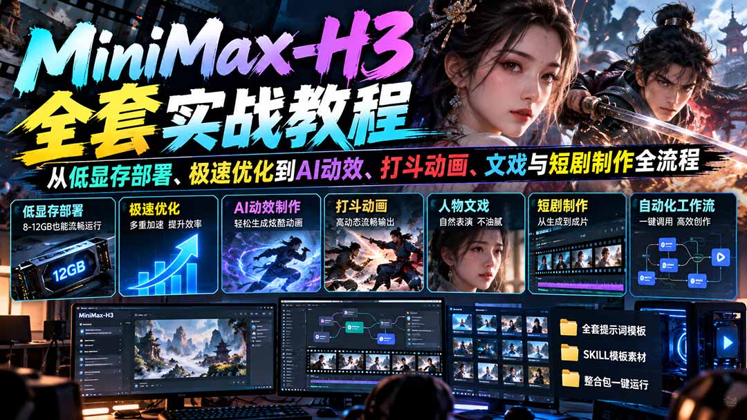 (21161期)MiniMax-H3全套实战教程:从低显存部署、极速优化到AI动效、打斗动画、文戏与短剧制作全流程 (21161期)MiniMax-H3全套实战教程:从低显存部署、极速优化到AI动效、打斗动画、文戏与短剧制作全流程