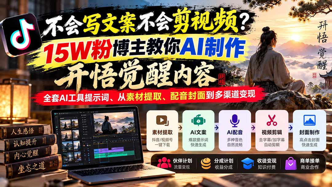 (21085期)不会写文案不会剪视频?15W粉博主教你AI制作开悟觉醒内容,全套AI工具提示词、从素材提取、配音封面到多渠道变现 (21085期)不会写文案不会剪视频?15W粉博主教你AI制作开悟觉醒内容,全套AI工具提示词、从素材提取、配音封面到多渠道变现
