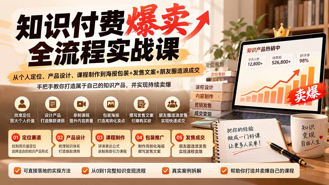 (20787期)【无水印】知识付费爆卖全流程实战课:从个人定位、产品设计、课程制作到海报包装+发售文案+朋友圈造浪成交 (20787期)【无水印】知识付费爆卖全流程实战课:从个人定位、产品设计、课程制作到海报包装+发售文案+朋友圈造浪成交