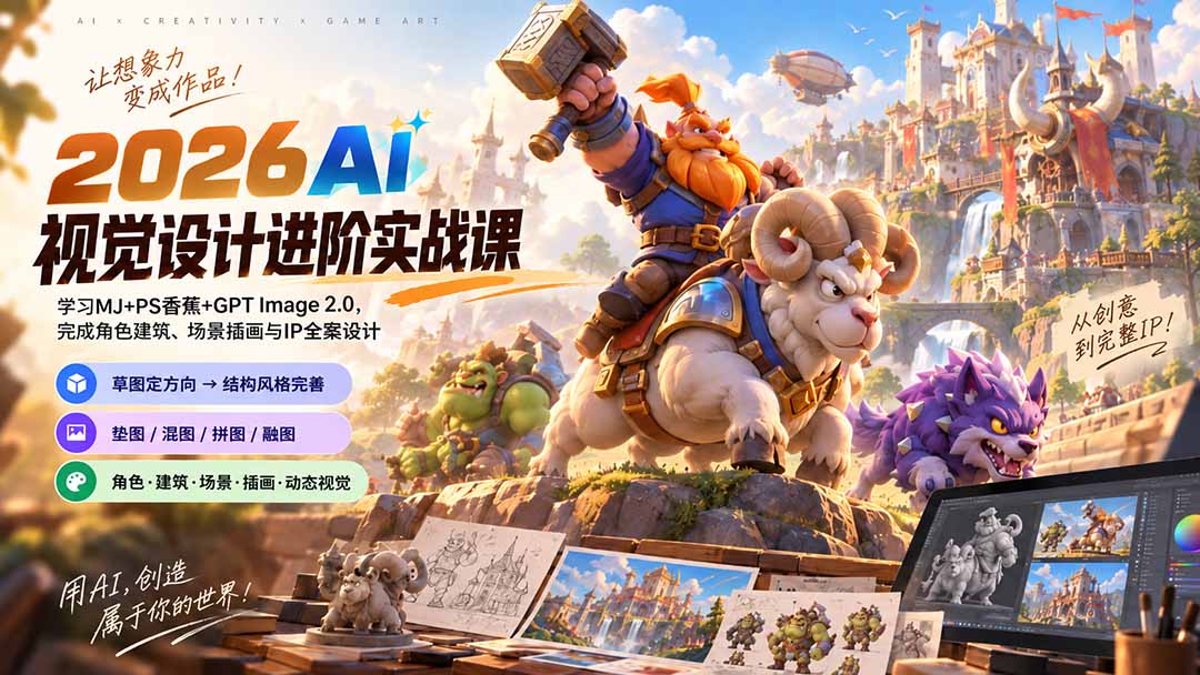 (20852期)2026AI视觉设计进阶实战课-更新1007:学习MJ+PS香蕉+GPT Image 2.0,完成角色建筑、场景插画与IP全案设计 (20852期)2026AI视觉设计进阶实战课-更新1007:学习MJ+PS香蕉+GPT Image 2.0,完成角色建筑、场景插画与IP全案设计