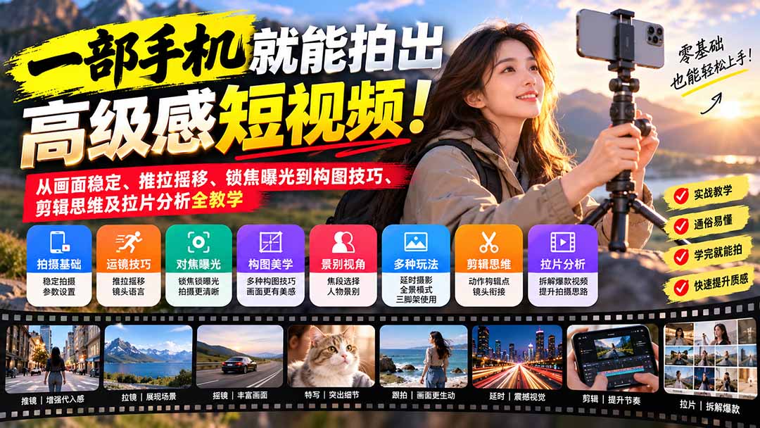 (21272期)一部手机就能拍出高级感短视频!从画面稳定、推拉摇移、锁焦曝光到构图技巧、剪辑思维及拉片分析全教学 (21272期)一部手机就能拍出高级感短视频!从画面稳定、推拉摇移、锁焦曝光到构图技巧、剪辑思维及拉片分析全教学