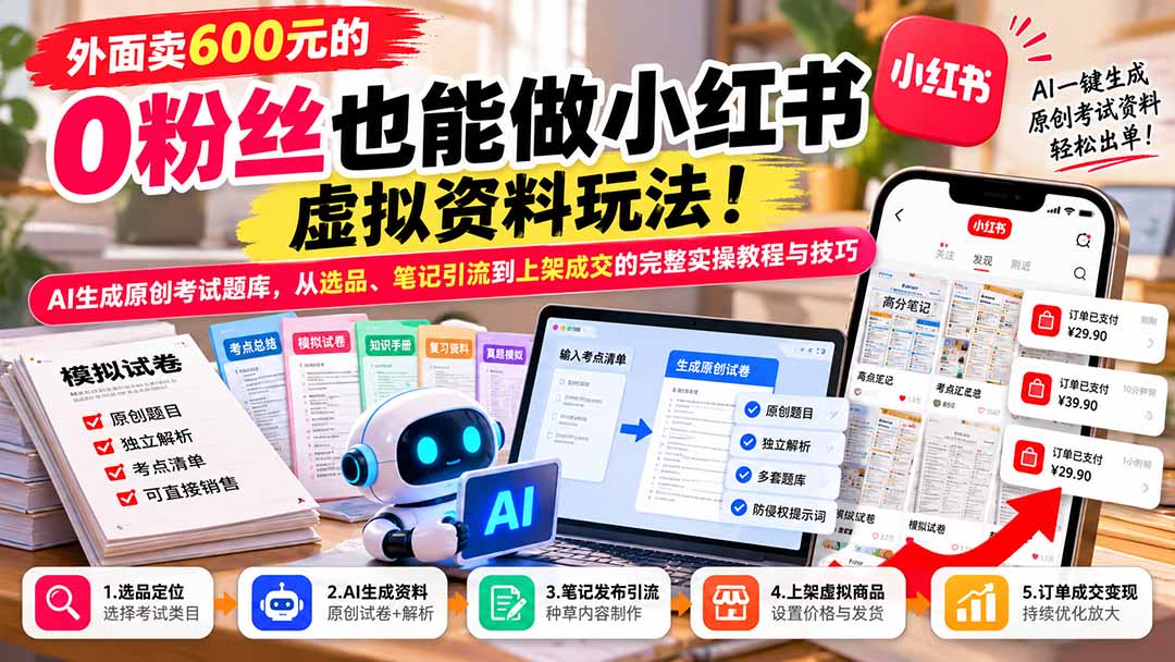 (21181期)外面卖600元的 零粉丝也能做小红书虚拟资料玩法!AI生成原创考试题库,从选品、笔记引流到上架成交的完整实操教程 (21181期)外面卖600元的 零粉丝也能做小红书虚拟资料玩法!AI生成原创考试题库,从选品、笔记引流到上架成交的完整实操教程