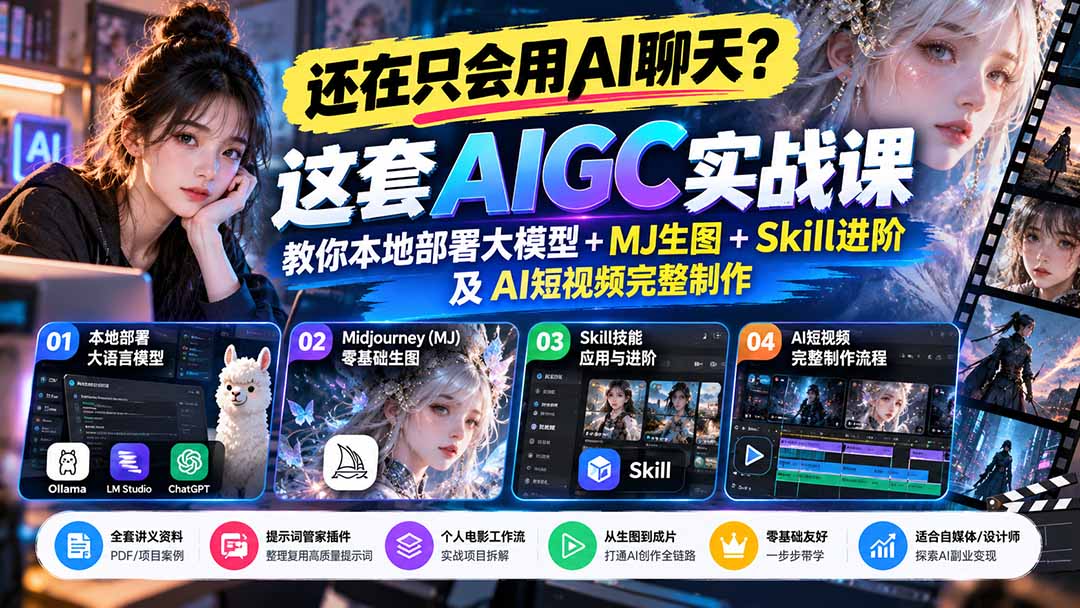 (21135期)【无水印】还在只会用AI聊天?这套AIGC实战课教你本地部署大模型+MJ生图+Skill进阶及AI短视频完整制作 (21135期)【无水印】还在只会用AI聊天?这套AIGC实战课教你本地部署大模型+MJ生图+Skill进阶及AI短视频完整制作