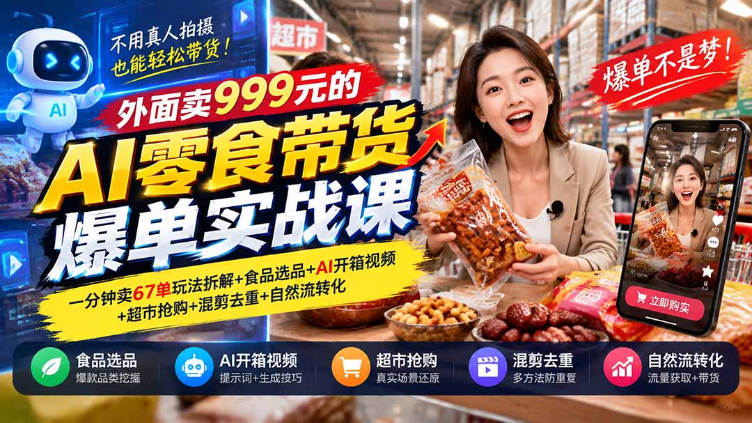 (20994期)外面卖999元的AI零食带货爆单实战课|一分钟卖67单玩法拆解+食品选品+AI开箱视频+超市抢购+混剪去重+自然流转化 (20994期)外面卖999元的AI零食带货爆单实战课|一分钟卖67单玩法拆解+食品选品+AI开箱视频+超市抢购+混剪去重+自然流转化
