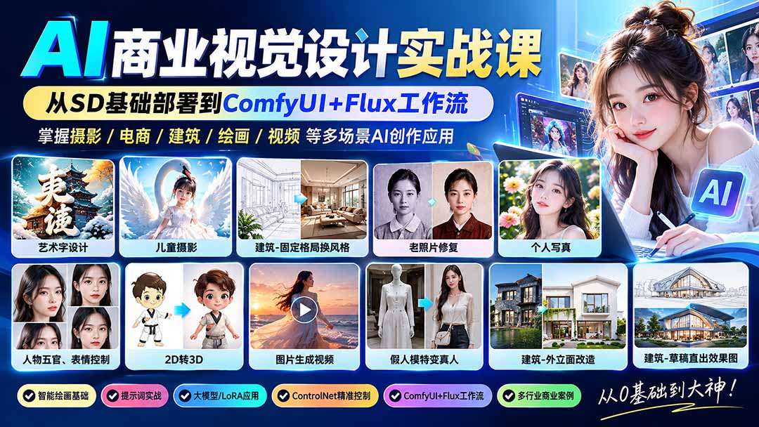 （20824期）【无水印】AI商业视觉设计实战课：从SD基础部署到ComfyUI+Flux工作流，掌握摄影电商建筑AI创作
