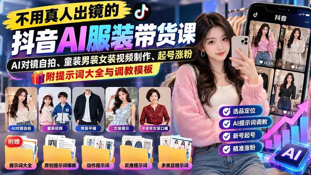 (20960期)不用真人出镜的抖音AI服装带货课:AI对镜自拍、童装男装女装视频制作、起号涨粉,附提示词大全与调教模板 (20960期)不用真人出镜的抖音AI服装带货课:AI对镜自拍、童装男装女装视频制作、起号涨粉,附提示词大全与调教模板
