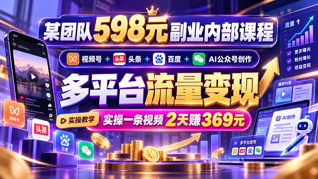 (21238期)某团队598元副业内部课程:视频号+头条+百度+AI公众号创作、多平台流量变现,实操一条视频2天赚369元 (21238期)某团队598元副业内部课程:视频号+头条+百度+AI公众号创作、多平台流量变现,实操一条视频2天赚369元