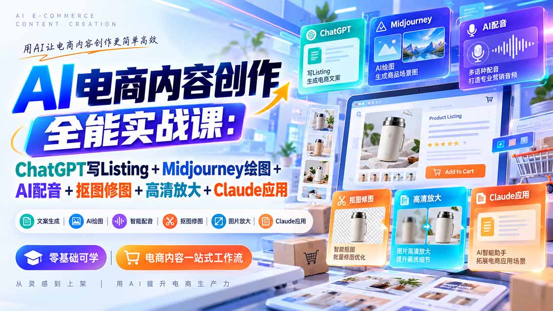 (20770期)【无水印】AI电商内容创作全能实战课:ChatGPT写Listing+Midjourney绘图+AI配音+抠图修图+高清放大+Claude应用 (20770期)【无水印】AI电商内容创作全能实战课:ChatGPT写Listing+Midjourney绘图+AI配音+抠图修图+高清放大+Claude应用