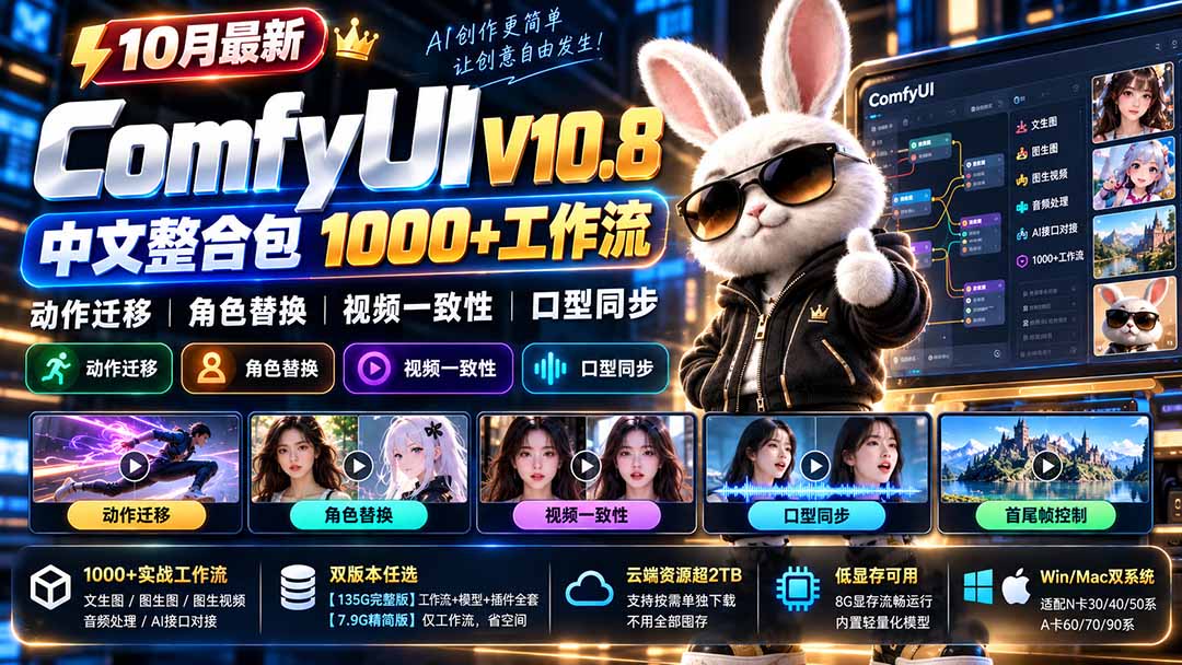 (21240期)10月最新ComfyUI V10.8中文整合包 1000+工作流 动作迁移 角色替换 视频一致性 口型同步 低显存可用 (21240期)10月最新ComfyUI V10.8中文整合包 1000+工作流 动作迁移 角色替换 视频一致性 口型同步 低显存可用