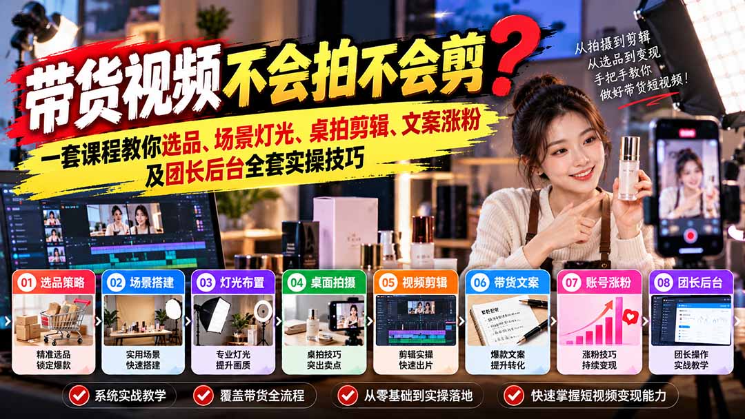 (20980期)带货视频不会拍不会剪?一套课程教你选品、场景灯光、桌拍剪辑、文案涨粉及团长后台全套实操技巧 复制标题 (20980期)带货视频不会拍不会剪?一套课程教你选品、场景灯光、桌拍剪辑、文案涨粉及团长后台全套实操技巧 复制标题