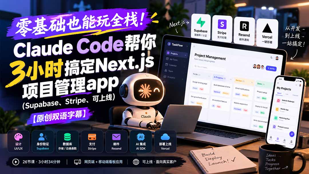 (20907期)零基础也能玩全栈!Claude Code帮你3小时搞定Next.js项目管理app(Supabase、Stripe、可上线)【原创双语字幕】 (20907期)零基础也能玩全栈!Claude Code帮你3小时搞定Next.js项目管理app(Supabase、Stripe、可上线)【原创双语字幕】