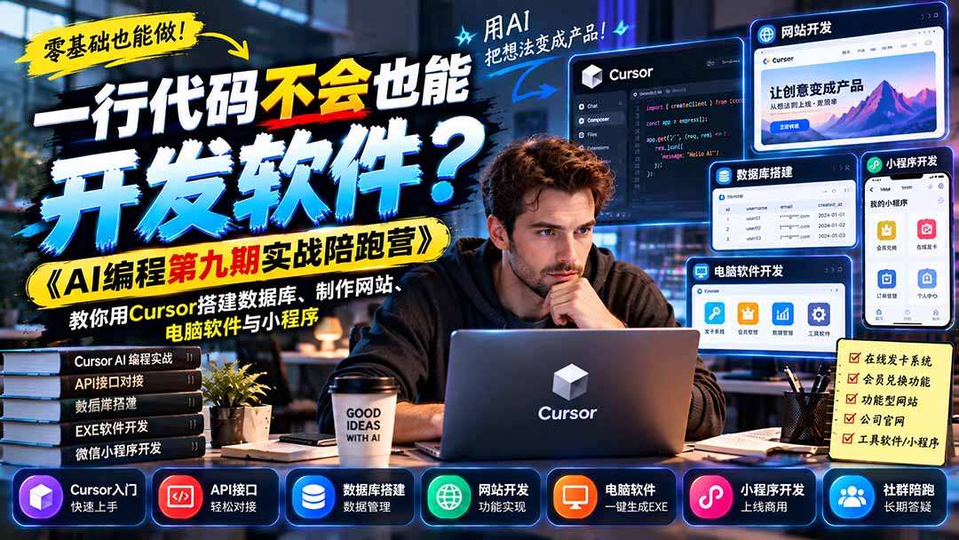 (21146期)一行代码不会也能开发软件?《AI编程第九期实战陪跑营》教你用Cursor搭建数据库、制作网站、电脑软件与小程序 (21146期)一行代码不会也能开发软件?《AI编程第九期实战陪跑营》教你用Cursor搭建数据库、制作网站、电脑软件与小程序