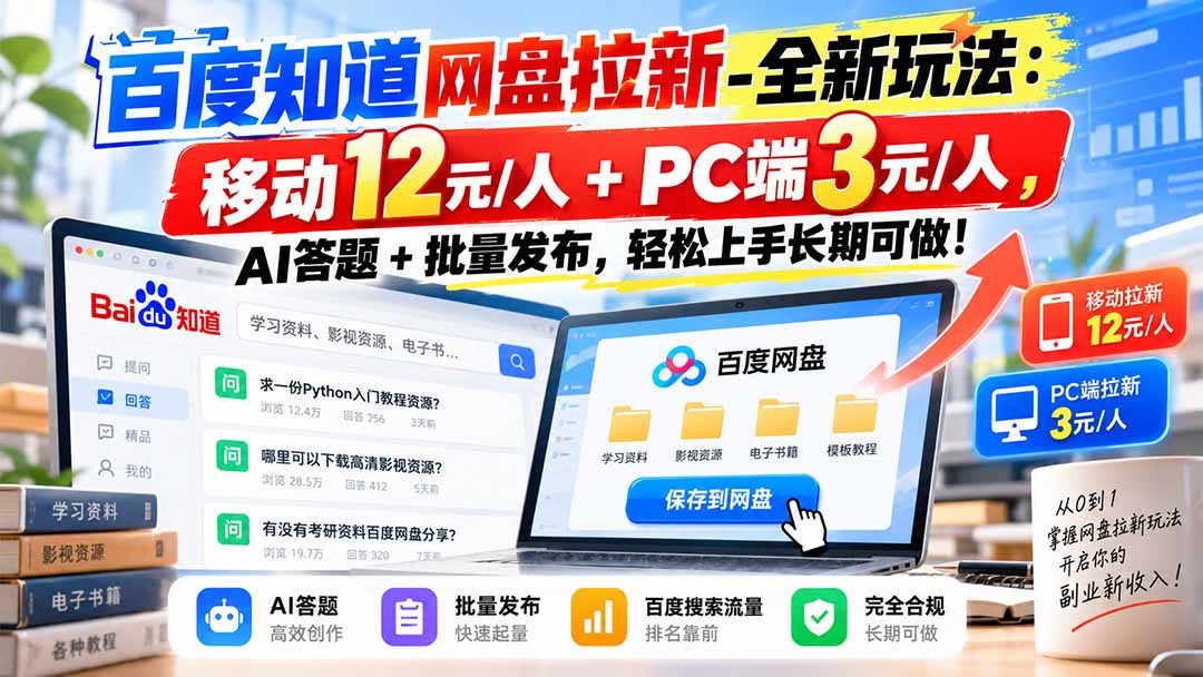 (20794期)百度知道网盘拉新-全新玩法:移动12元/人+PC端3元/人,AI答题+批量发布,轻松上手长期可做! (20794期)百度知道网盘拉新-全新玩法:移动12元/人+PC端3元/人,AI答题+批量发布,轻松上手长期可做!